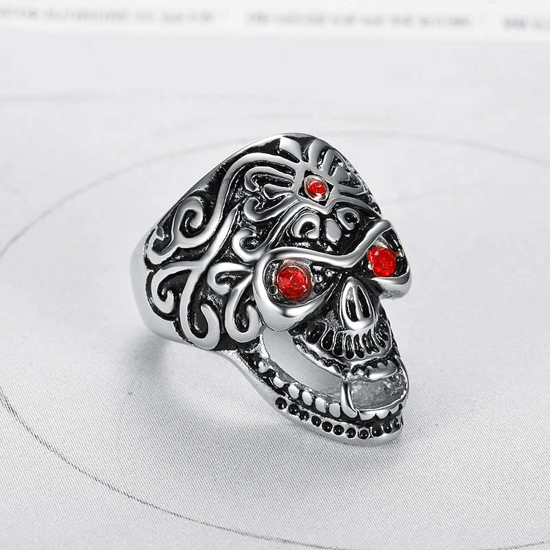 Size 7-15 Punk 316L Stainless Steel Skull Skeleton Evil Eyes with Red Zircon Finger Ring for Men Fashion Jewelry