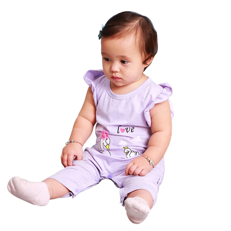 Purple girls garment with ruffles sleeve lovely swan pattern baby clothes