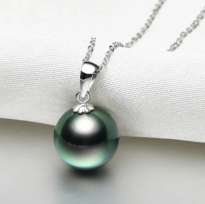 10-11mm 3A peacock 18K real genuine white gold tahiti tahitian black pearl necklace