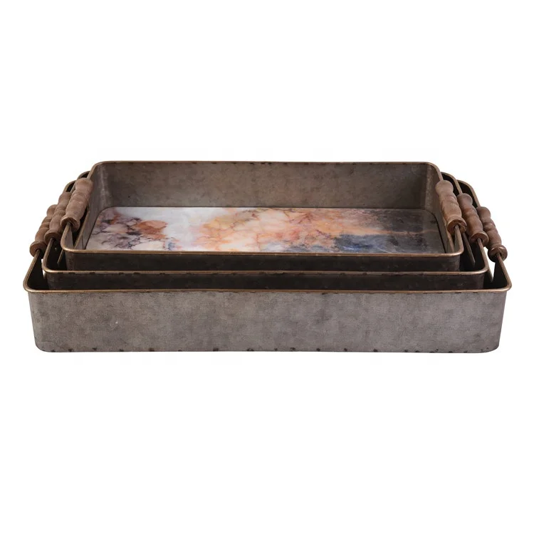 Party vintage retro antique nesting paint rectangle rectangular onyx rustic bar beer wine black galvanized metal serving tray