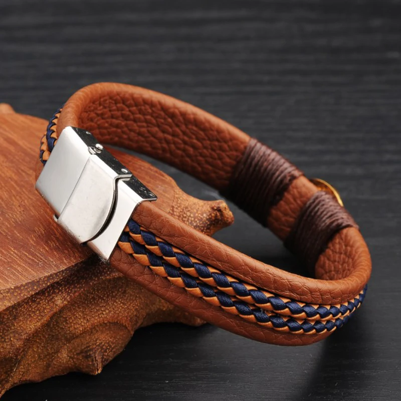 Beautiful Unique Unisex Designs Brown Leather Strap Bracelets With Gold Charms Stud