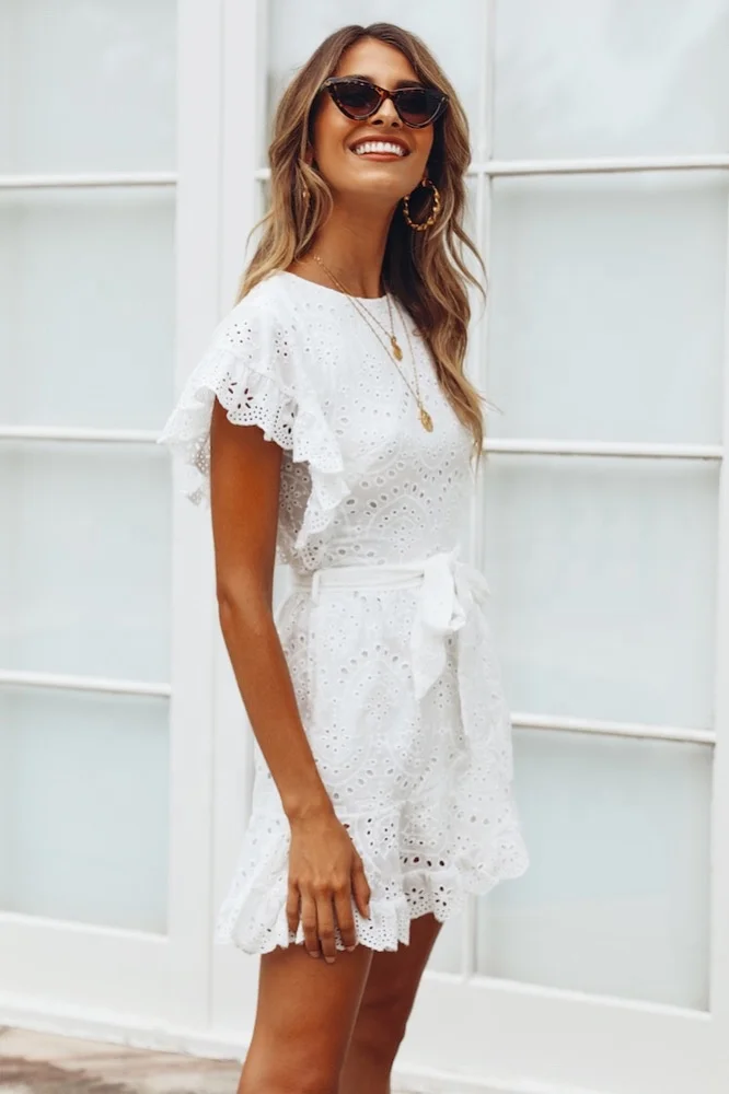 2022 Summer Embroidery Eyelet White Cotton Women Dresses