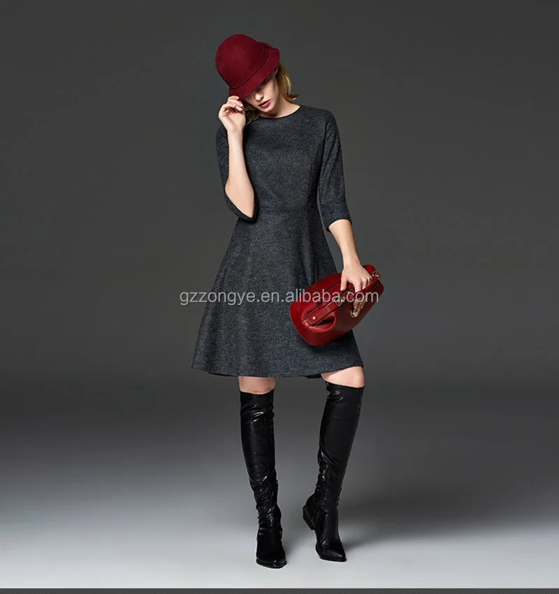 Fashion elbow woolen dress, women A line frock of Guangzhou clothing supplier