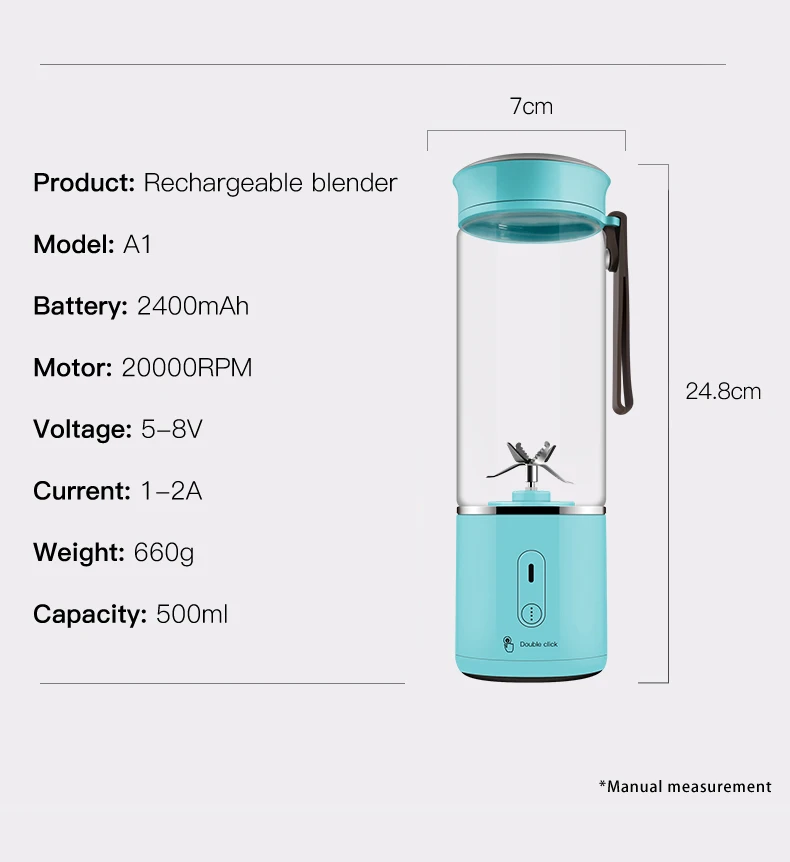 A1 Hand Blender 500ML Glass Jar Portable Fruit Juicer USB Rechargeable Mini Juicer