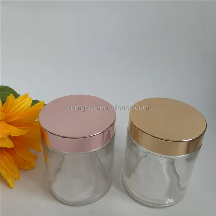 Luxury round straight sided glass jar rose gold lid for cosmetic,spice,food,candle