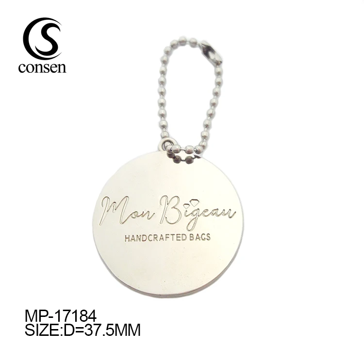 Round shape silver logo engraving handbag metal hang tags with ball chain