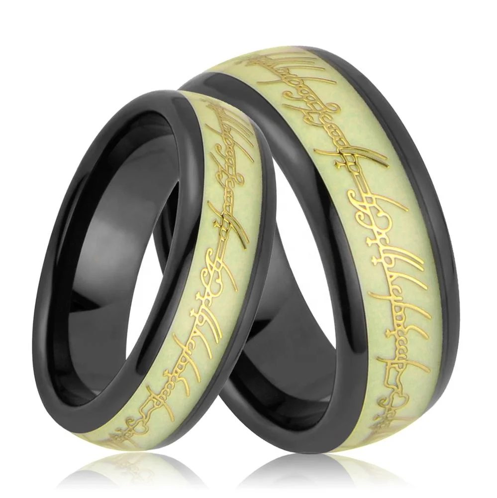 Green Fluorescent  Luminous Black Tungsten Wedding Ring Glow In the Dark