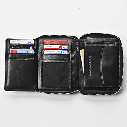 Large Capacity Men RFID Blocking Wallet Genuine Full Grain Black Leather with Zip Around Opening Trifold