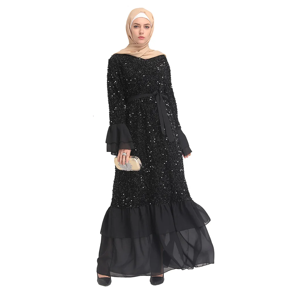 New Arrivals Eid Ramadan Dubai Muslim Women Elegant Long Sleeve Islamic Maxi Dress With sequins Abaya
