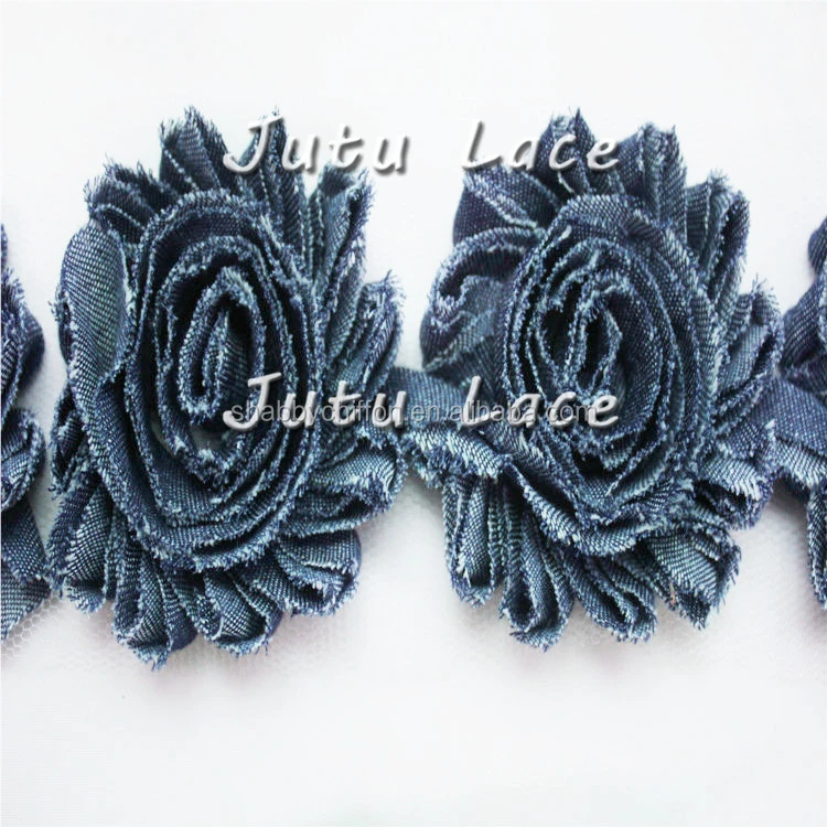 Unique Denim rose flower by yards -Jeans fabric Shabby Flower Rosette Trim In Stock Chiffon Flower