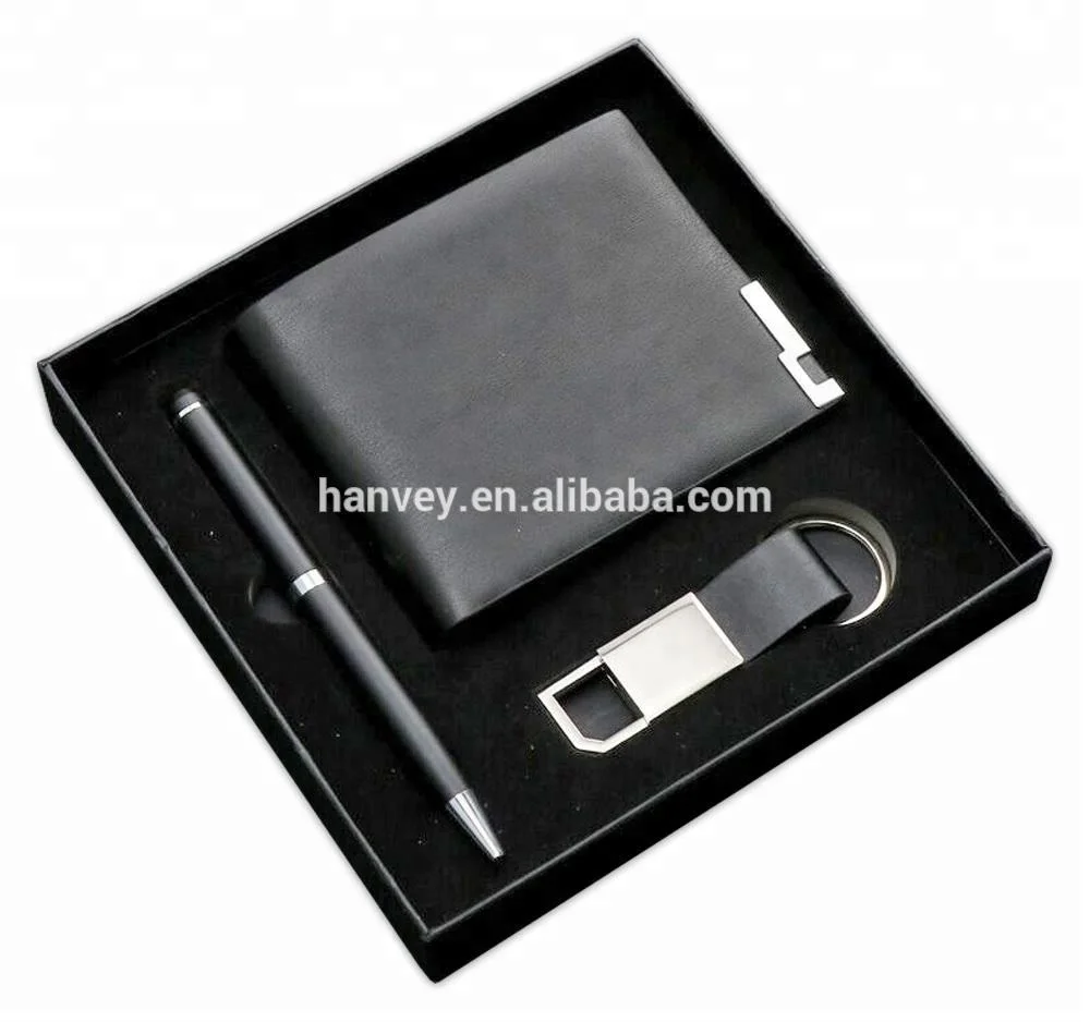 High quality wholesale promotion gift luxury custom PU leather wallet pen and keychain classical business man gift set