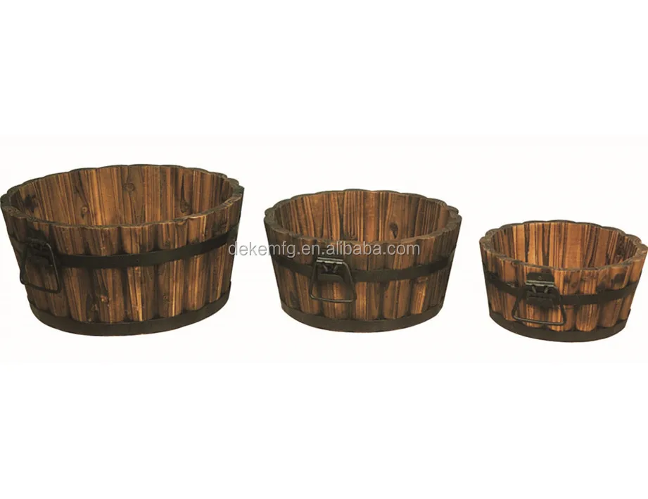 Garden Wooden Barrel Set of 3 Indoor Outdoor Wine Barrel Whiskey Planters  Wooden Planter Wooden Bucket