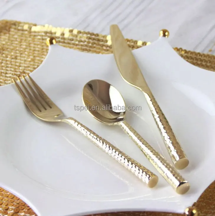 
Flatware Stainless steel 4 piece gold plating hammer cutlery with round handle Set Restaurant home wedding party Dinnerware set 