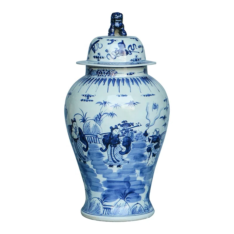 
Jingdezhen blue and white ceramic floor temple jar with a lion on lid,antique chinese ornament in study 