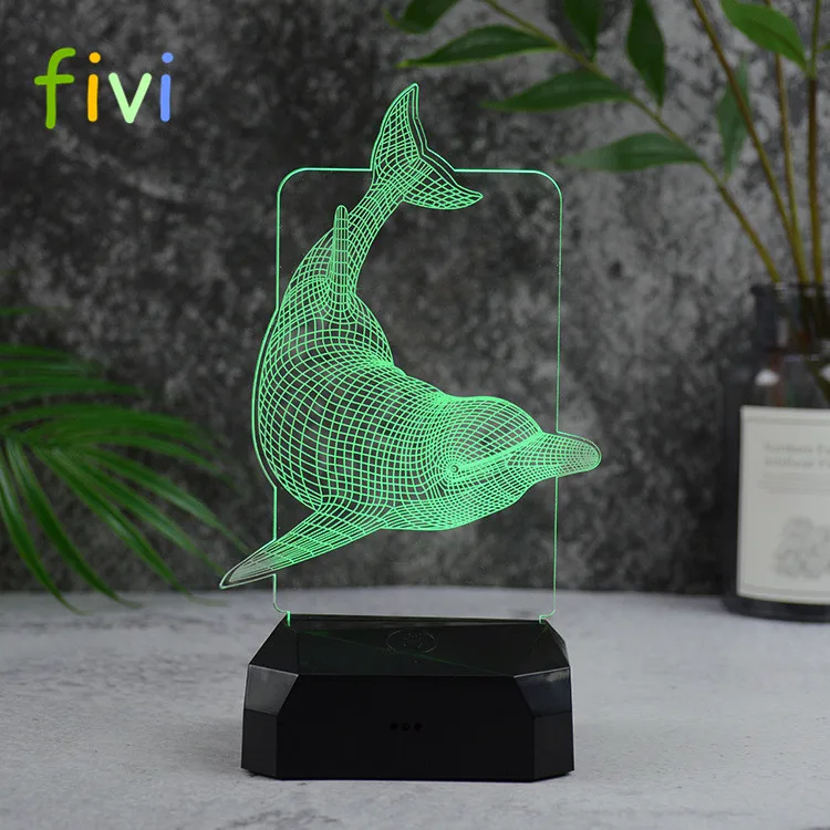 Fashion Cartoon Cute 3D Dolphin Led Night Light Lamps 7 Color Dimming illusion Bedroom Table Desk Lamp baby room night light