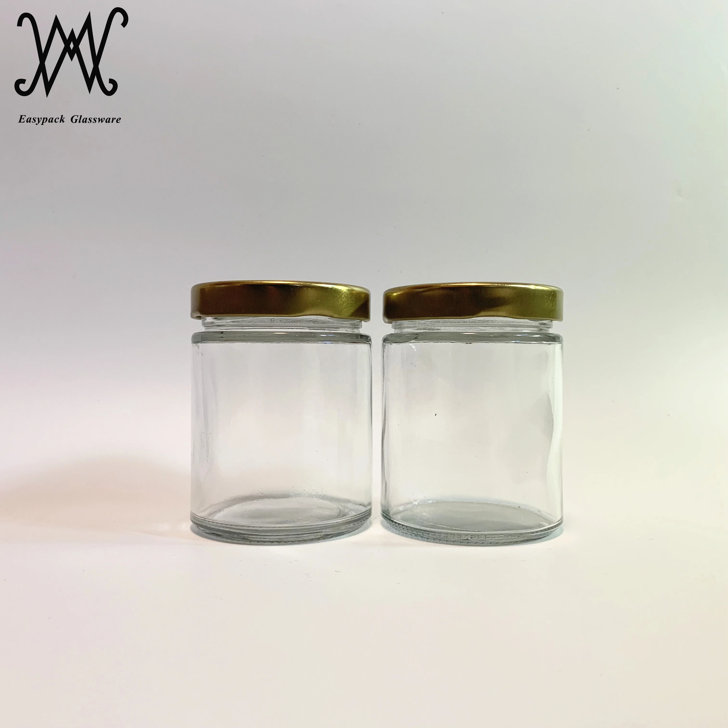 250ml straight sided round clear glass honey food jam jar with twist off lug gold metal lid