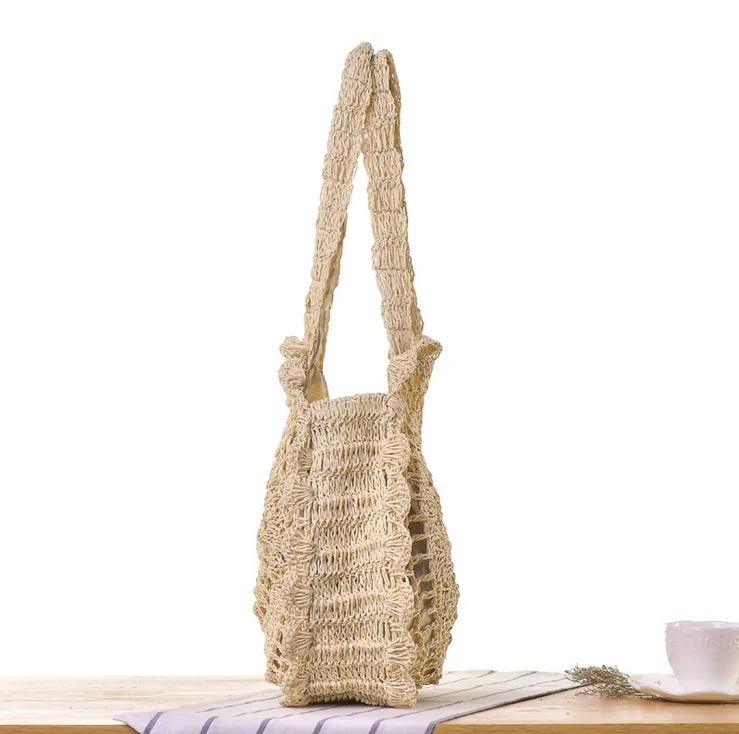 Crochet knitting hollow out handmade handbag straw tote bag rattan bag women