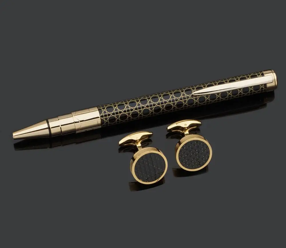 
Graceful Geometric Line Design Metal Pen and Carbon Fiber Cufflinks Business Set 