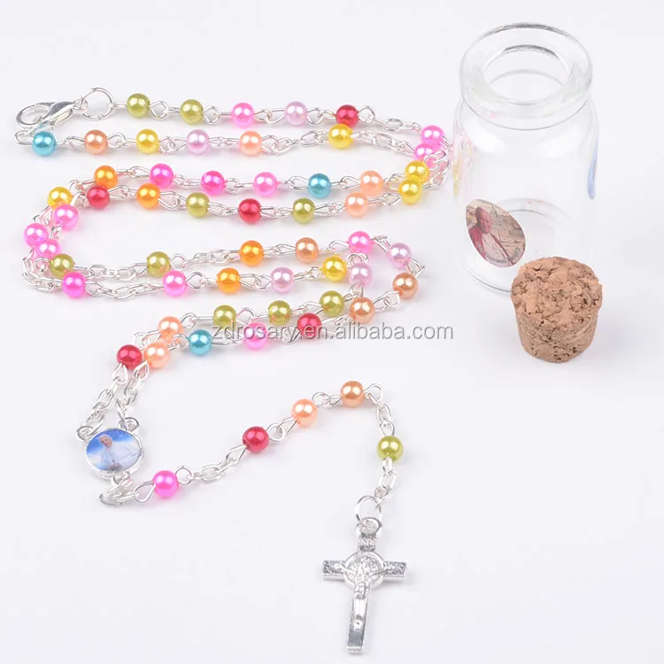 Religious Promotional Gift 4MM Beads with Lobster Clasp Catholic Mini Pope Rosary Packed by Glass Wishing Bottle