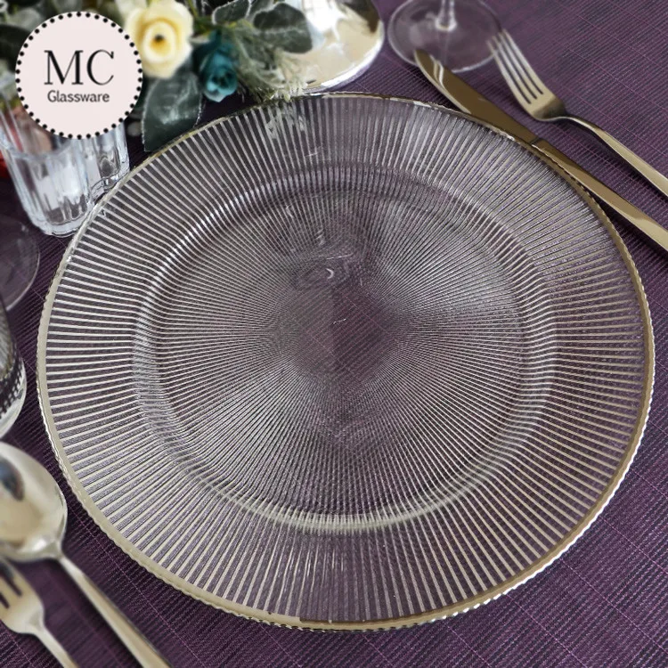 Rose gold rim wholesale clear glass charger plates