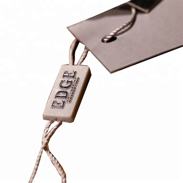 Custom unique design Embossed logo Garment hangtag plastic nylon loop colorful lock seal clothing swing tags string