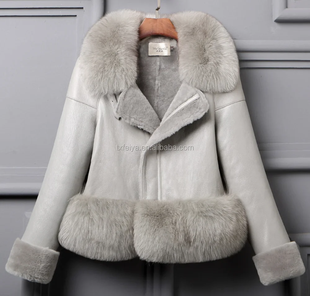 2017 Winter Fox Fur Trim Coat For Women Sheepskin Double faced Leather Jacket