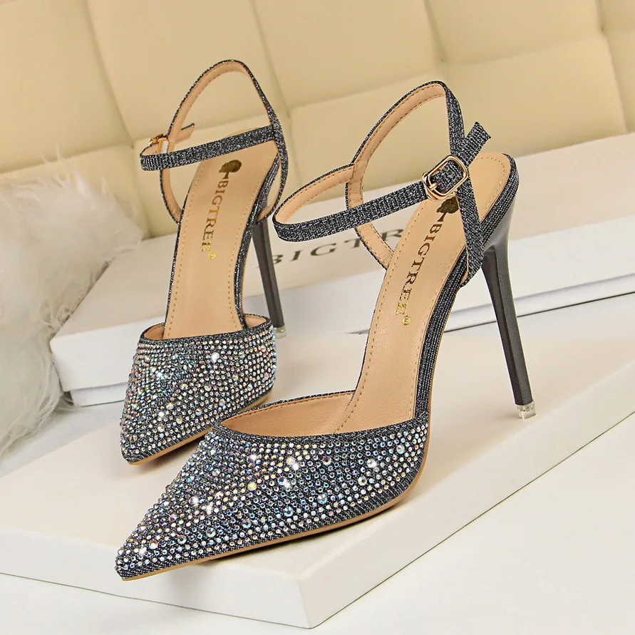
2019 new factory wholesale price customized small MOQ Crystal PU Upper 10cm women heels ankle strap heels pencil heels 