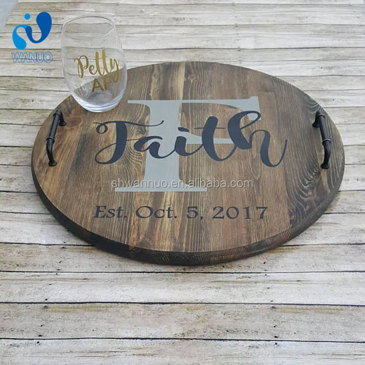 WanuoCraft Custom Round Wooden Serving Tray With Black Handles