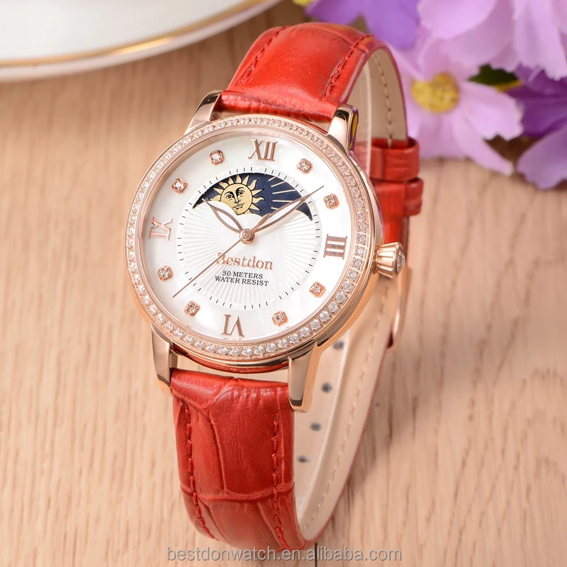 High quality japan movement diamond moon phase watch for women