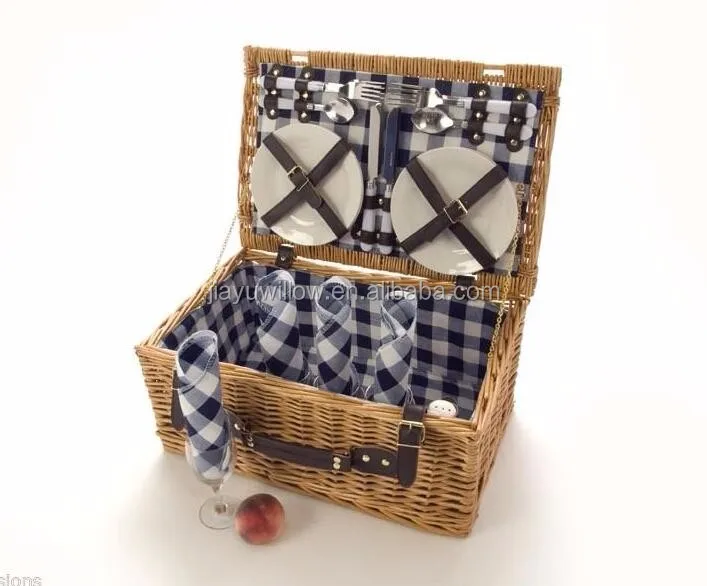 
WILLOW PICNIC BASKET 4 PERSON OUTDOOR WICKER HAMPER SET PLATES CUTLERY 