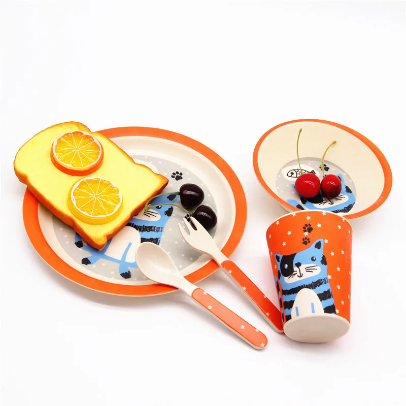
Tableware Set Unbreakable Kids Dinner Ware Set Eco Friendly Reusable Round 5pcs Carton Modern Round Plate Bamboo Fiber Support 