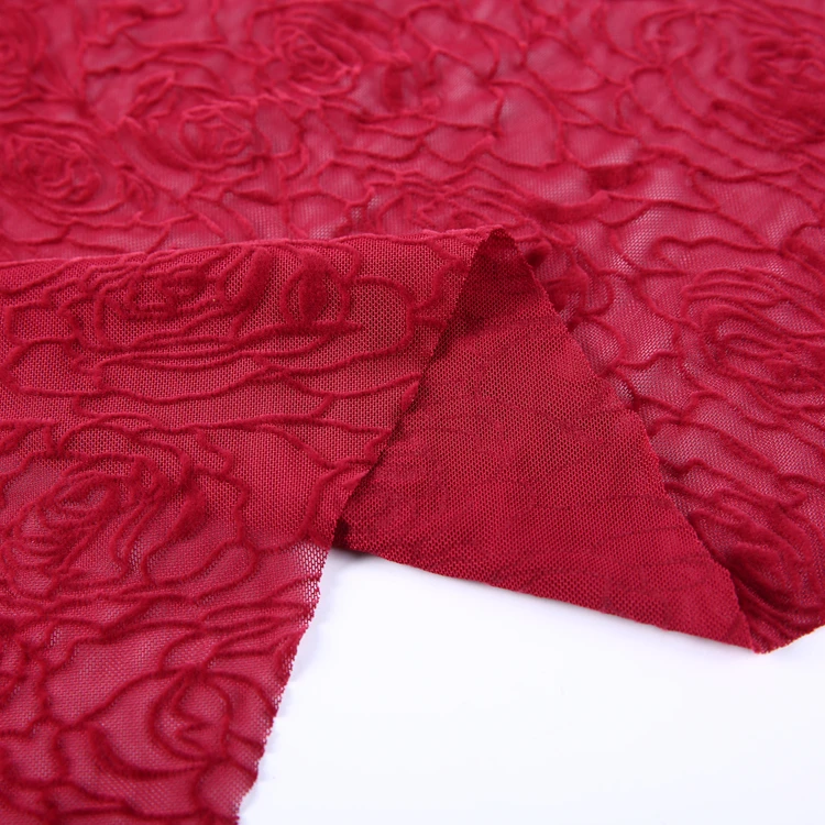 
High quality custom red floral design polyester african flock fabric for garments 
