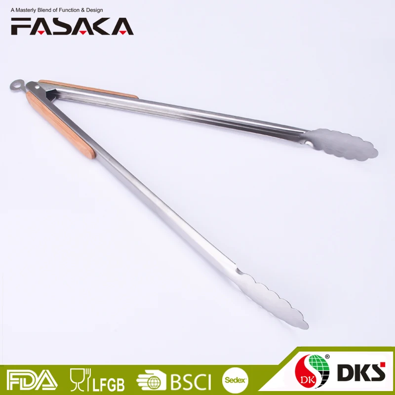 
BMJ0179 Outdoor Camping Bamboo handle stainless steel bbq grill tongs 16 inch 