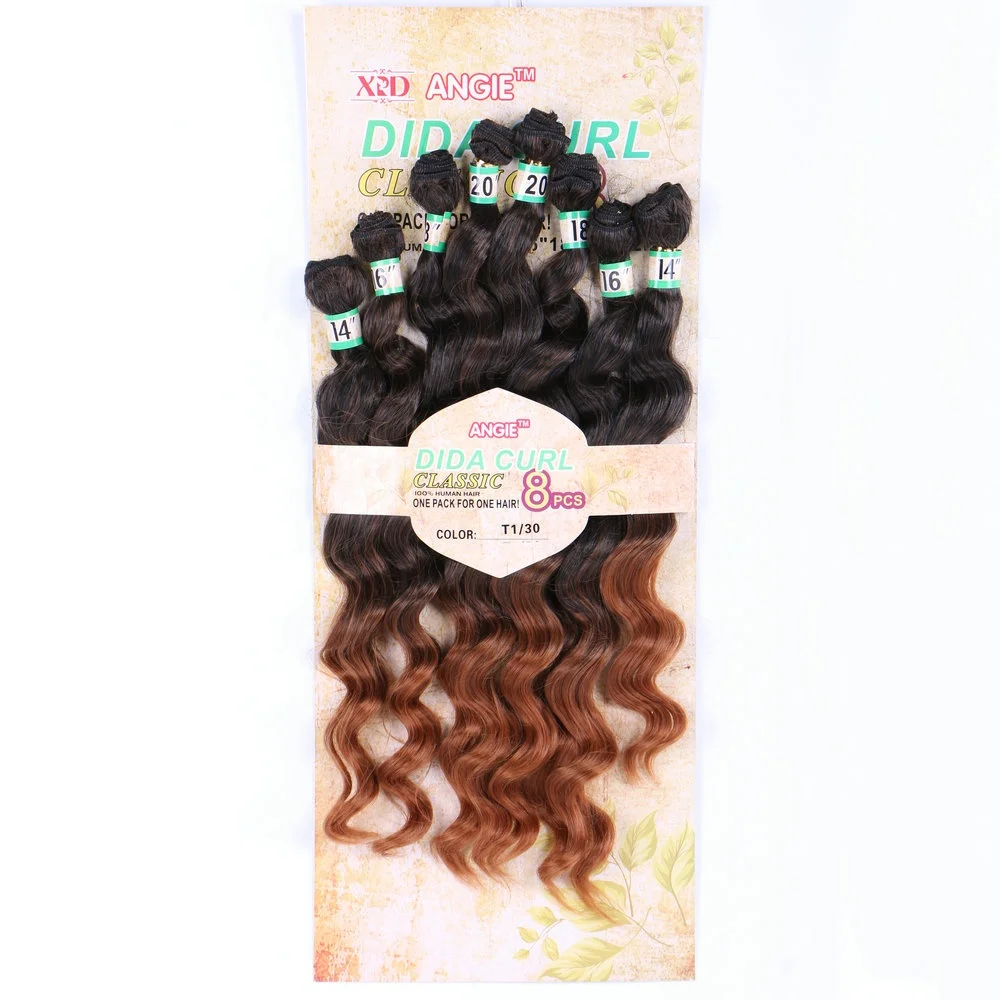 Adorable cheap premium fiber dida curly 8pcs hair weave,Angie mixed two tone color synthetic hair extensions for black
