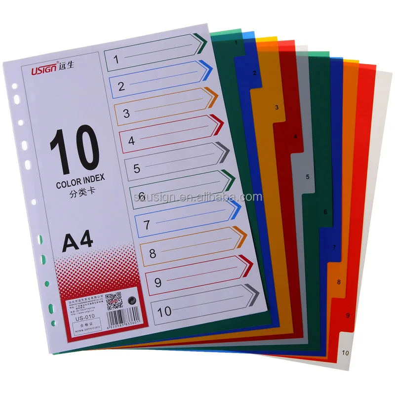 US-010 A4 assorted color PP Index Divider index cards