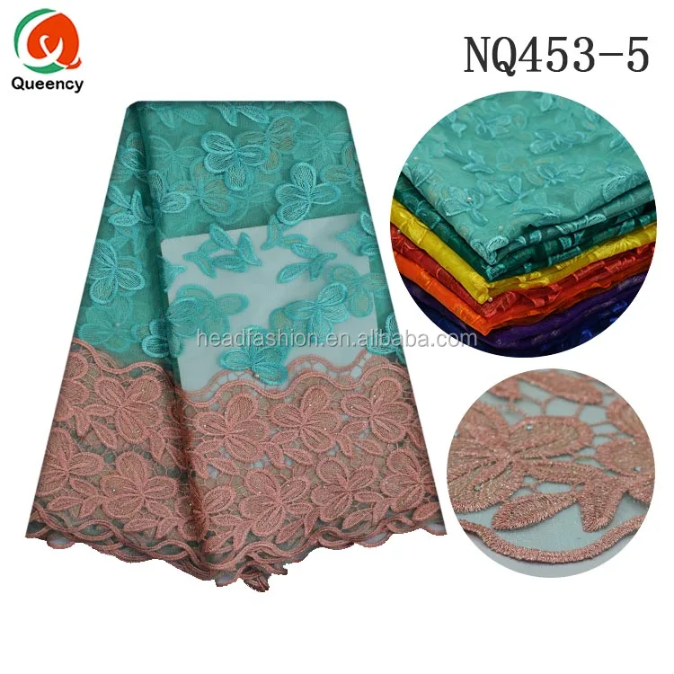 NQ453 Queency Custom African Bridal Embellished French Lace Fabric Tulle Wholesale with Pearls Beads and Stones