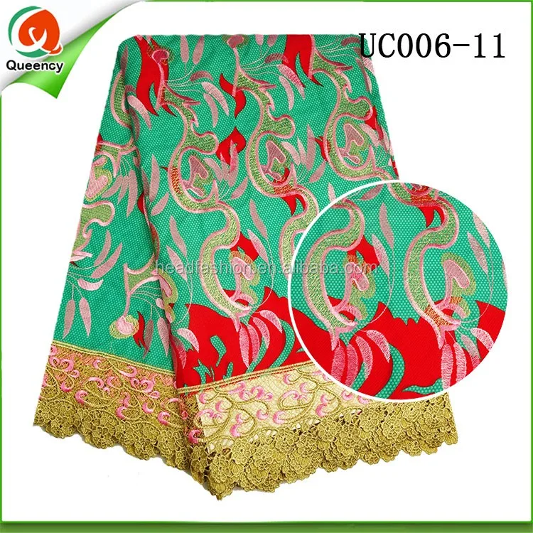 Queency 100% Cotton African Wax Print Fabric With embroidered fabrics guipure lace in blue