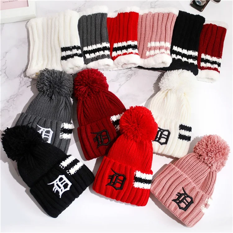 
2019 New Style Winter Girls Go Outside Keep Warm Wool Thick Knit Neck Flap Cap With Fur Ball 