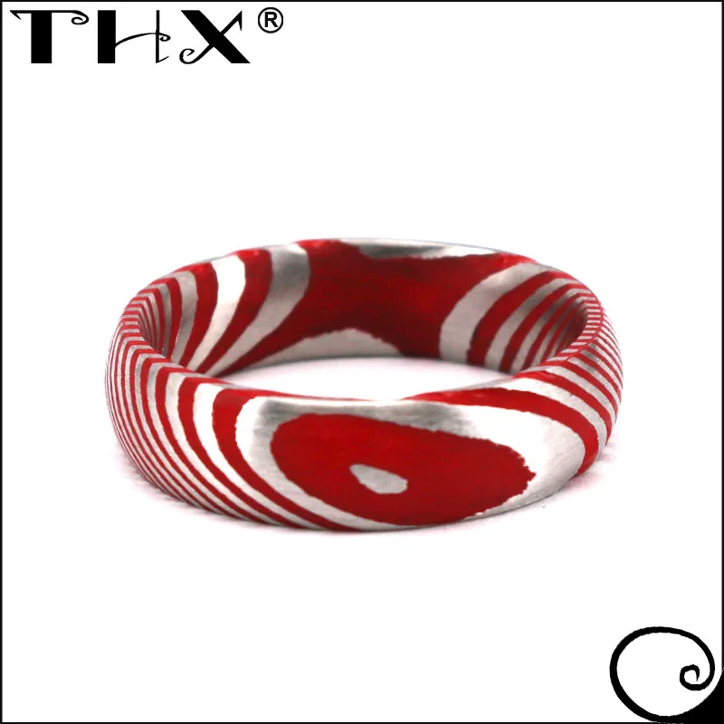 Custom Made Band Marbled Kuro Damascus Steel and Red Cerakote Ring