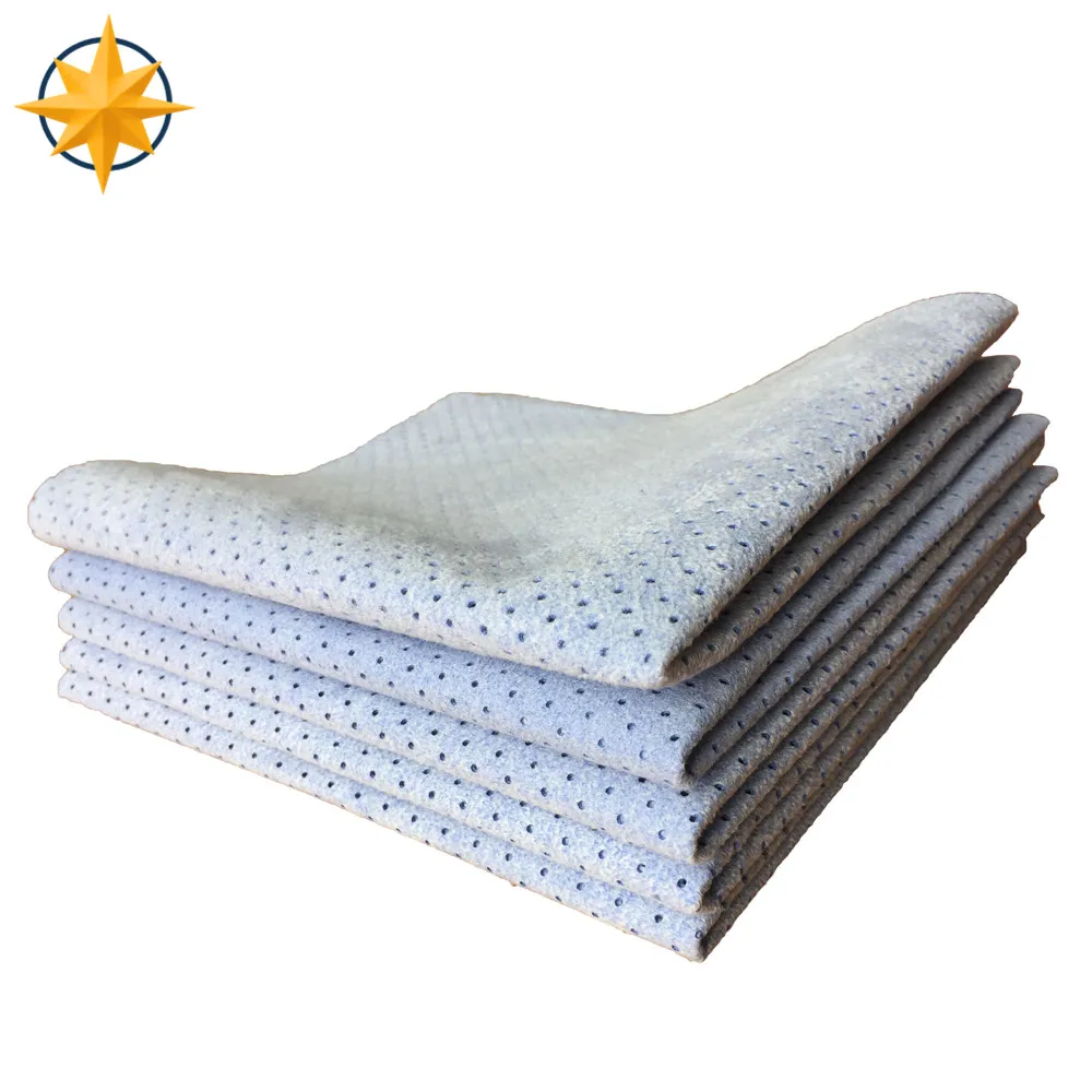 Blue/yellow needle punched pu coated leather chamois fabric with hole