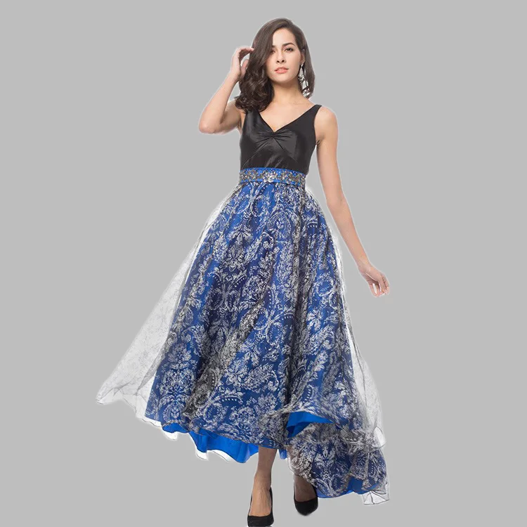 Ladies satin printed florals party gown blue long bridesmaid dresses
