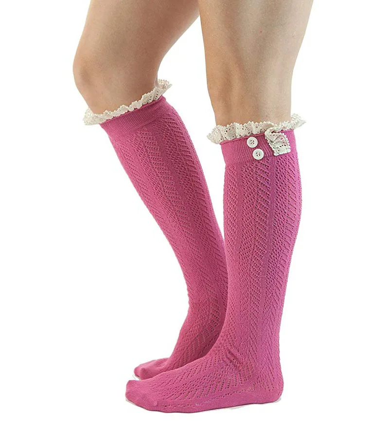 AJ186044 Hot Sale Black Stock Cheap Knitted Ruffles Lace Boot Socks with Buttons