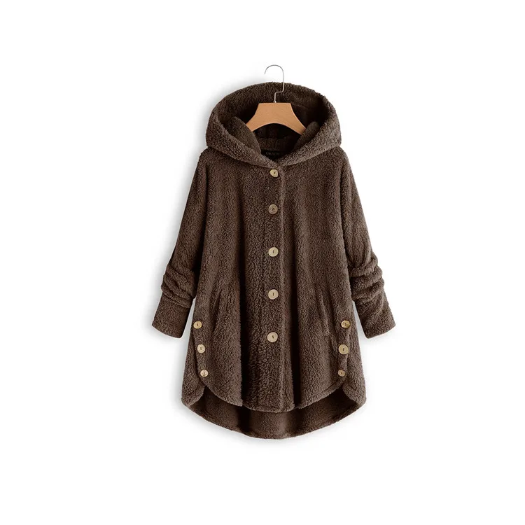 2018 Hot Sale Solid Color Hooded Plush Button Coat