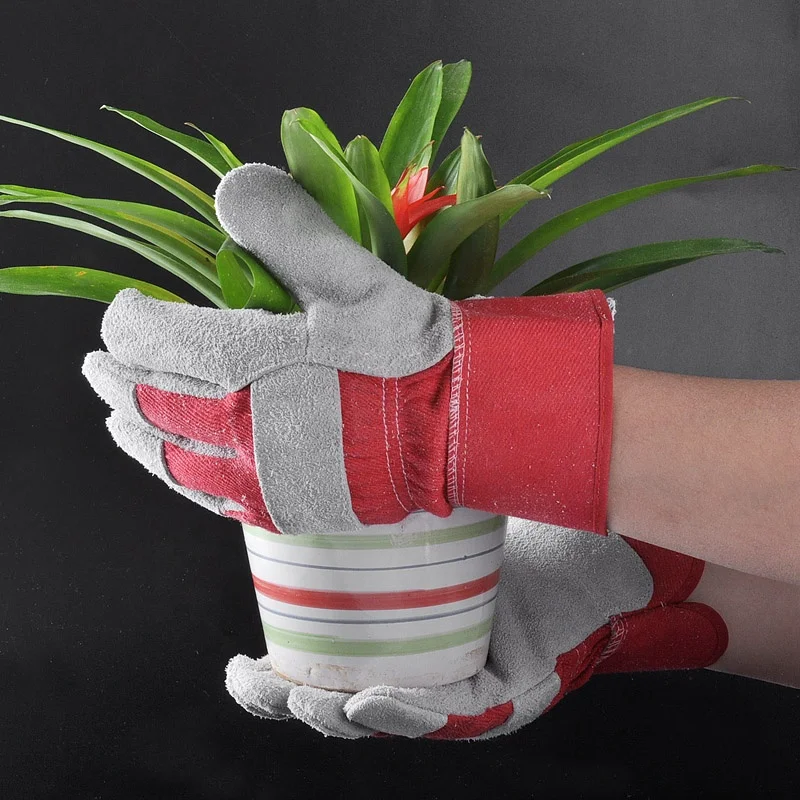 Red Double Palm Split Cow Leather Work Gloves With CE Certificate For Mechanic