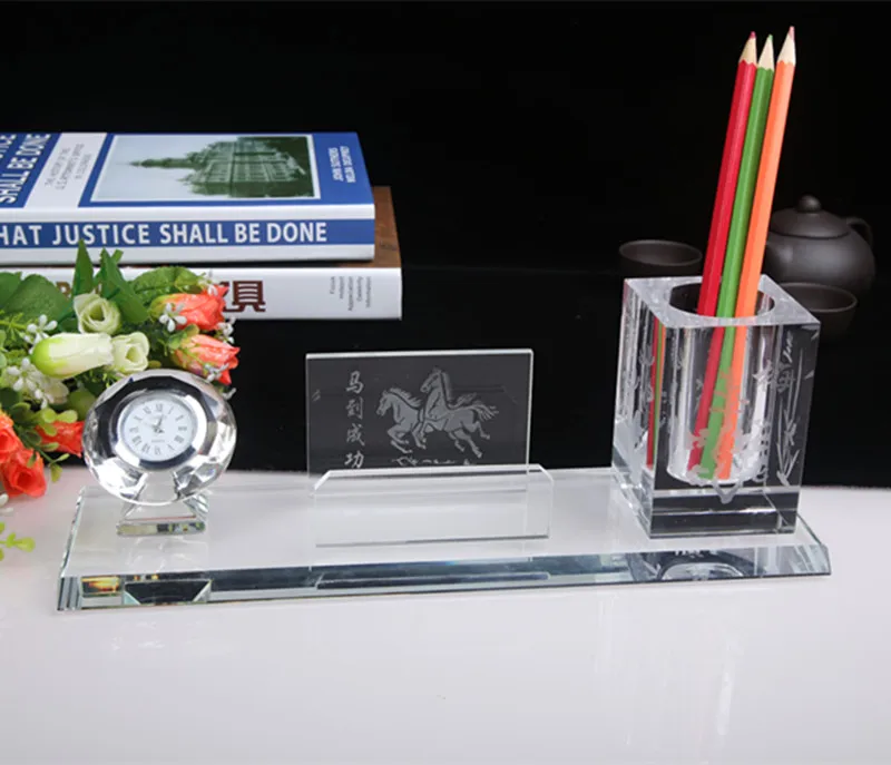 Table Crystal Office Stationery Set With Pen /clock/Name Card Holder
