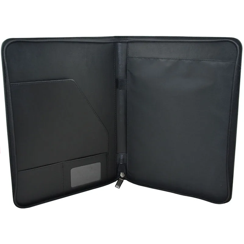 
ModernQiu High Quality Custom Black color A4 size Zipper PU Leather Padfolio 