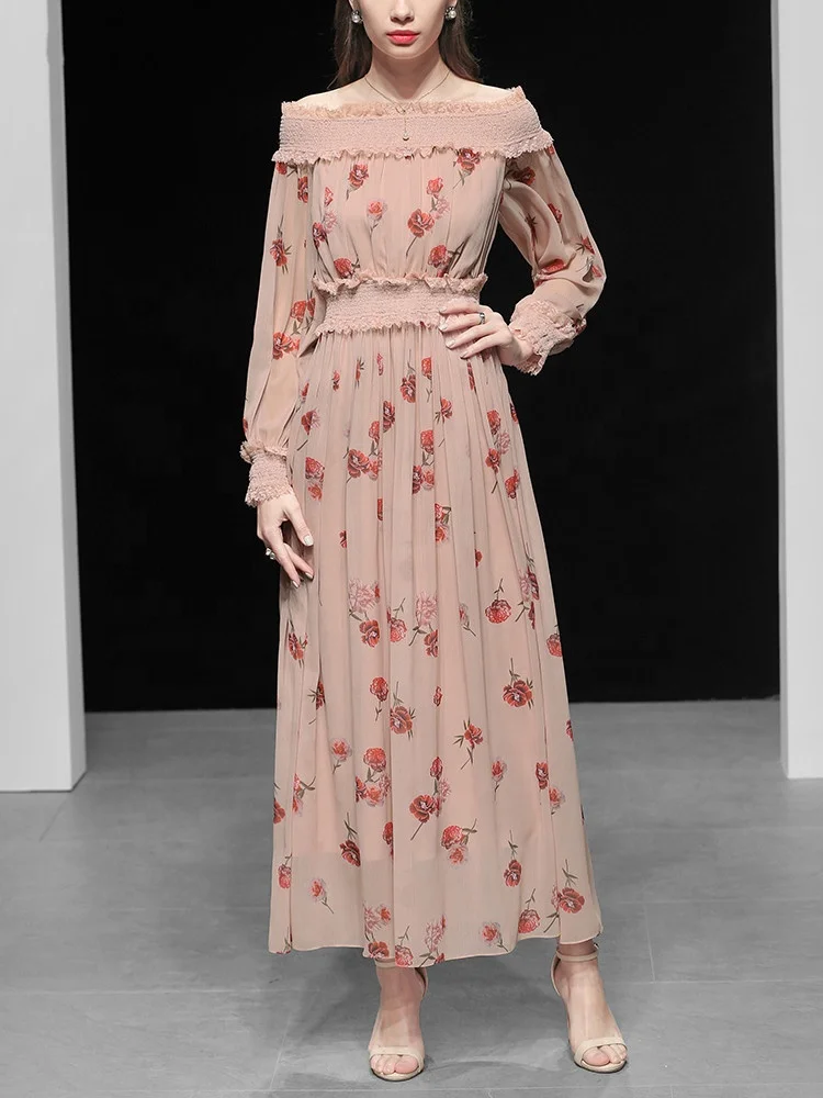 OEM Top Quality Womens Boat Neck Elastic Shoulder Chiffon Printing Long Dress