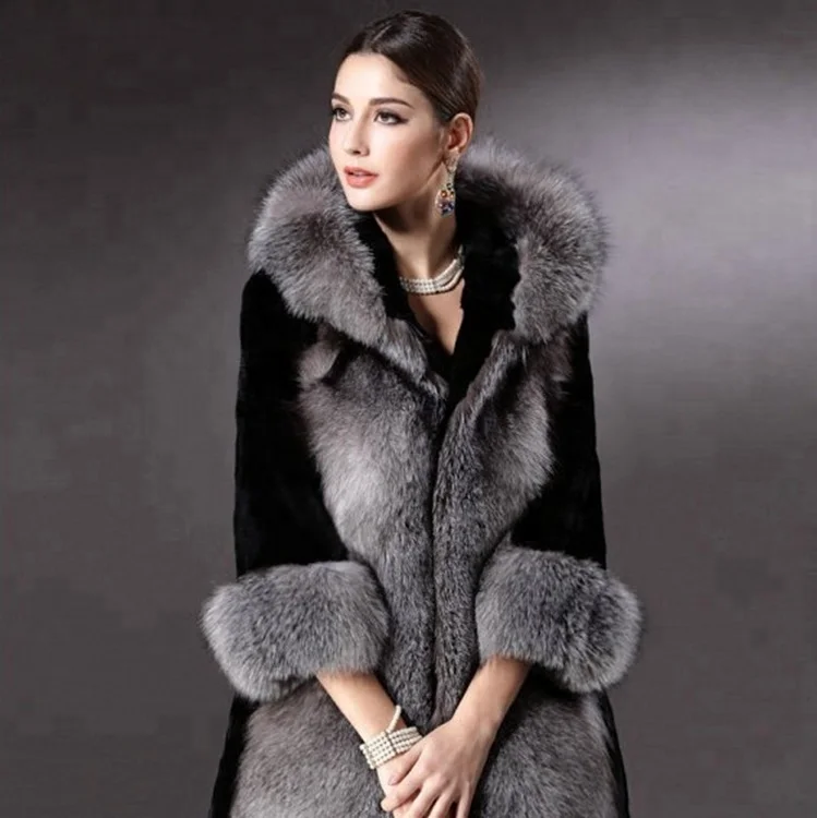 Luxury design women long sleeves with genuine silver fox fur coat