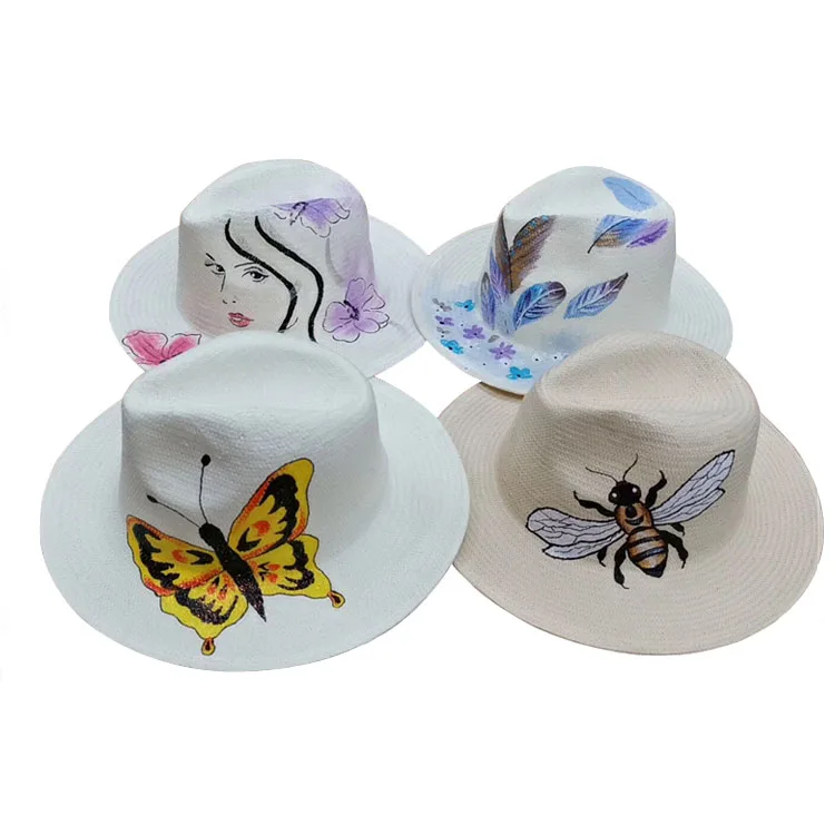 2019 new design panama paper straw hat fashion flower painting straw hats wholesale
