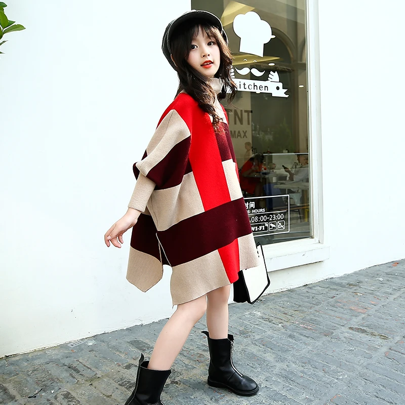 
Kids Fashionable Woolen Turtleneck Poncho Sweater Girls Sweater Design 
